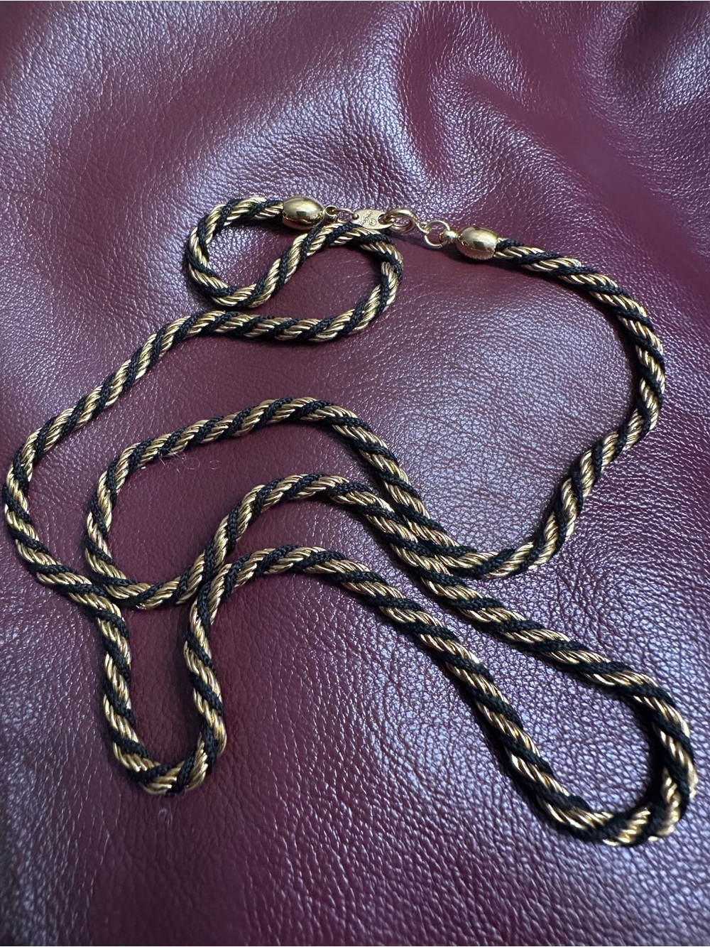 Vintage Trifari Black and Gold Twisted Rope Chain Necklace 24" Signed